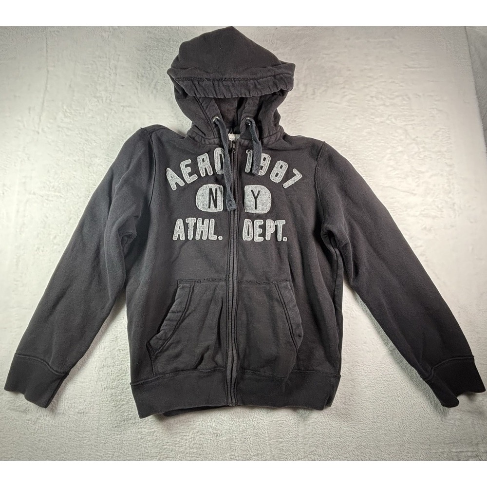 Aeropostale Hoodie Mens Medium Black Zip Downtown NY 1987 Embroidered Logo